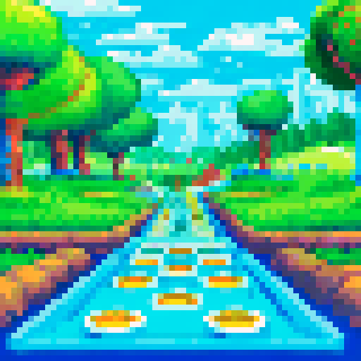 Mini golf obstacles like windmills and loops, pachinko balls and bumpers, and pinball flippers and targets, all set against a vibrant, retro landscape with a blue sky and green hills