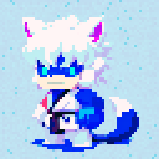 beast man with wolf ears and tail, white hair, brilliant blue yukata, pixel art, sRGB, 2D game stance