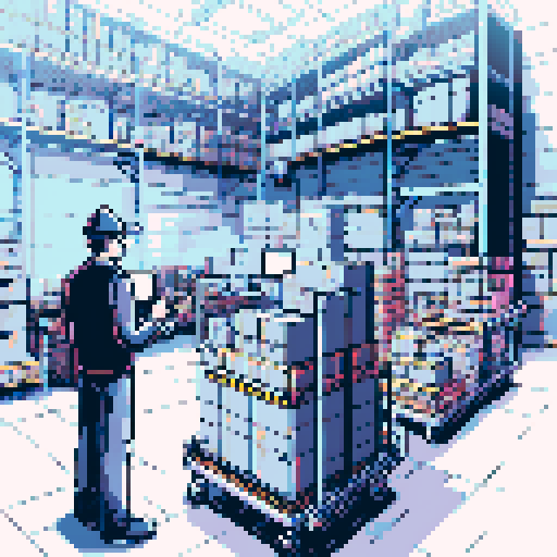 warehouse workstation with a conveyor belt and trolley filled with boxes, pixelated details, vibrant sRGB colors
