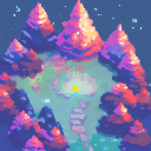 Snowy mountains in the background with pine forest in the foreground. Nightsky with shooting stars. campfire in the pine forest.