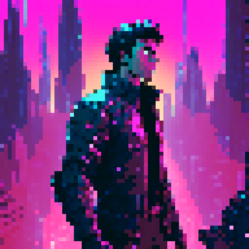 dystopian, cyberpunk, neon-lit, with a touch of retro-futurism, featuring Paul Atreides surrounded by towering holographic skyscrapers, cascading waterfalls of data, and glowing circuitry embedded in his cybernetic arm