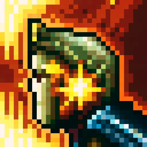 Golden sun with fiery rays shining on a fierce warrior's determined face, rendered in 32x32 pixel art with game icon style, skillfully close up and in portrait mode, using sRGB color palette.