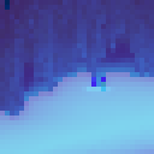 Purple magic swirling around a frozen lake, reflecting pixelated ice crystals shimmering in the cold water