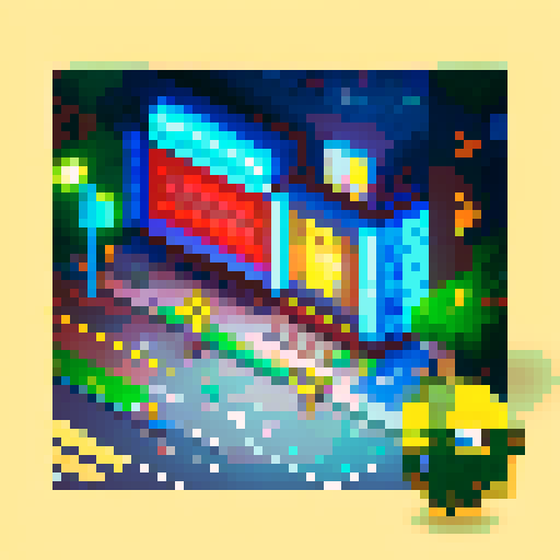 Chibi police officer catching a Pikachu in a pixelated urban street full of neon lights and graffiti