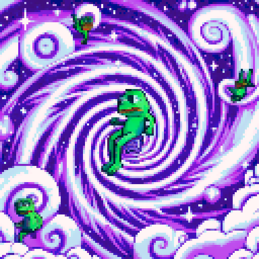 Pepe the frog flying in a purple swirl