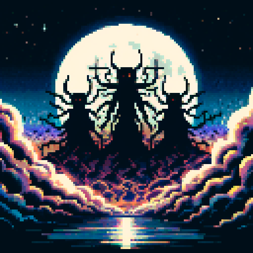 3 menacing entities arrive from the darkness in the moonlight.