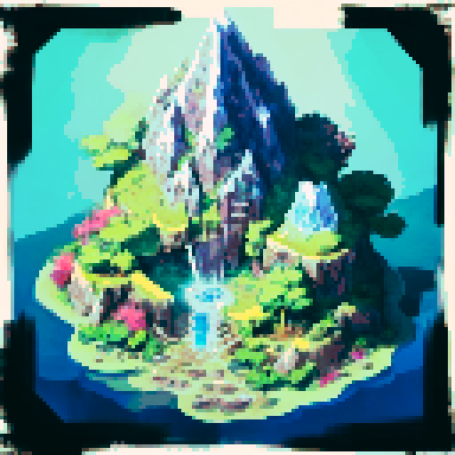 Floating castle with cascading waterfalls, surrounded by fluffy white clouds, perched on a mountain peak overlooking a vast, lush green landscape, depicted in a portrait style.