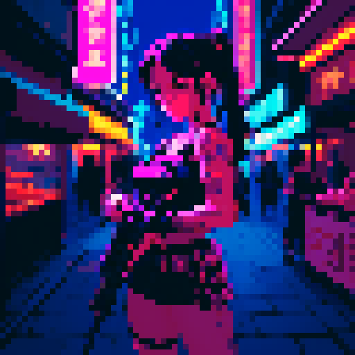 Street merchant assassin girl, neon-lit night market, slicked-back hair, pixelated sniper rifle, fluorescent tattoos, sRGB glow, bustling crowds.
