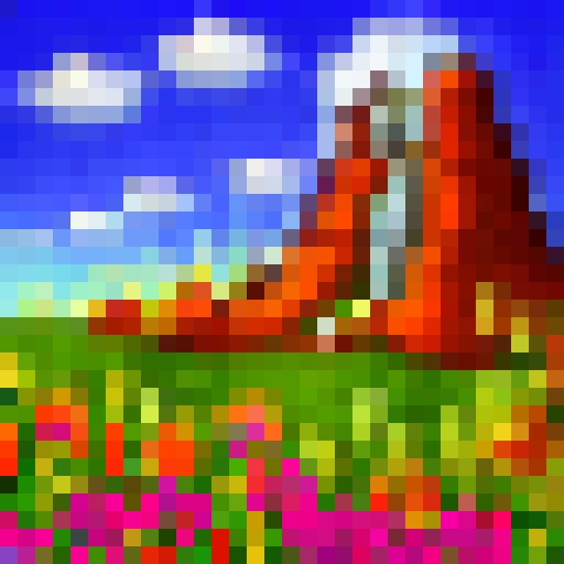 Explosive wildflowers bloom in a vivid meadow, surrounded by towering trees and cascading waterfalls, all rendered in a 32x32 skill art style.