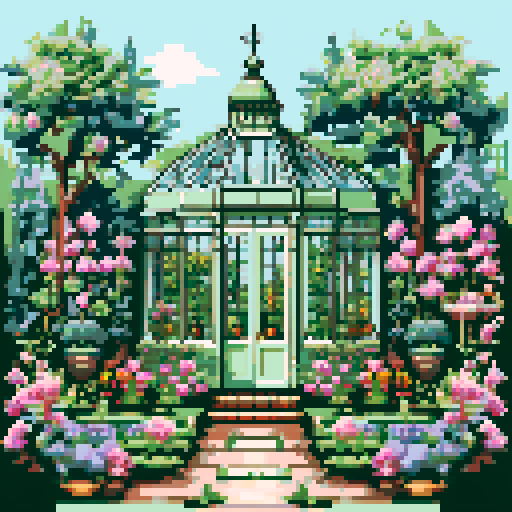 a victorian conservatory greenhouse in a cottage garden cottagecore style cross stitch pattern 