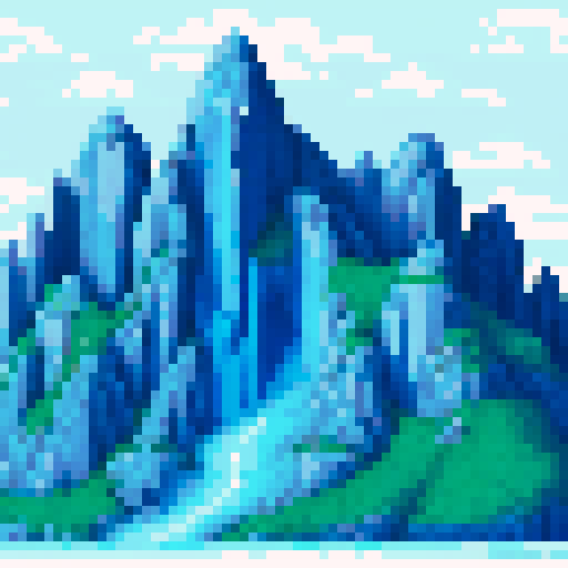 Towering, jagged peaks of white ice looming over a frozen wasteland, rendered in a pixelated style with a subtle sRGB color palette