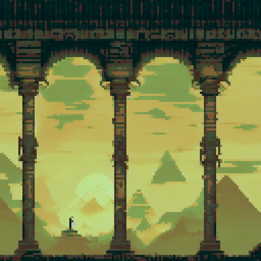 lovecraftian egyptian temple, towering, ancient, ominous, surrounded by mist, dark sky, eerie moonlight, intricate hieroglyphics, eldritch symbols, tentacle-like carvings, foreboding shadows, jagged architecture, otherworldly atmosphere, surreal landscape, in sRGB pixel art