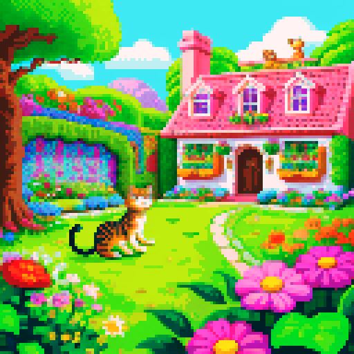 happy cats playing, vibrant colors, whimsical flowers, animated felines, lush greenery, detailed textures, playful expressions, intricate patterns, retro video game aesthetic, vibrant pixel art, lively atmosphere, enchanting garden, joyful felines, vivid hues, charming visuals