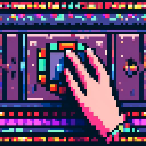 hand pushing medieval button, illuminated by a vibrant palette, showcasing intricate pixel art details in an sRGB color space