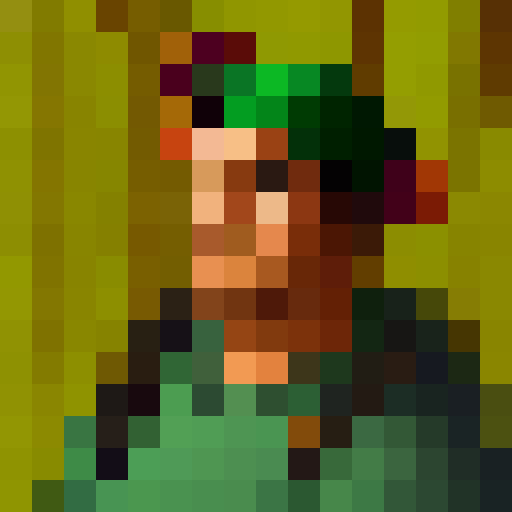 Green-hatted archer, poised with bow and arrow, stands in a mystical forest surrounded by towering trees, their leaves shimmering in the golden light of sunset, all captured in a stunning 16x16 pixel portrait, close up, portrait