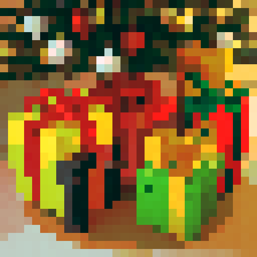 christmas present, bold black outline, 32x32, sRGB colors, pixel art