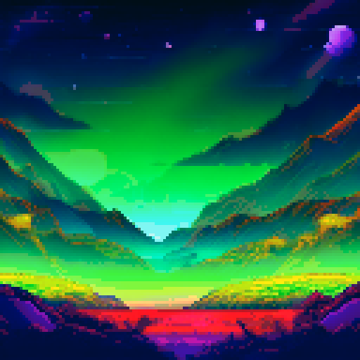 Luminous stars across a vast, midnight purple pixelated background, creating a breathtaking landscape as if seen from a spaceship