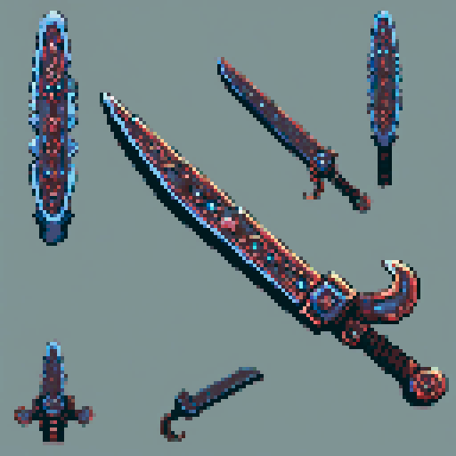 I want the blade of an ancient magical chainsaw constructed out of copper and gems. It should look huge (10 meters long at least), very complex and expensive, and very old. I also want this object usable an asset in a videogame, meaning only one object per image, outlined with a strong black stroke, on a solid-color background.