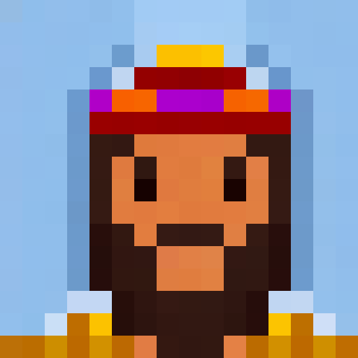 Sant Jarnail Singh Khalsa Bhindranwale, fierce and bearded, surrounded by armed followers, standing in front of the Golden Temple, rendered in a minimalist 16x16 pixel portrait.