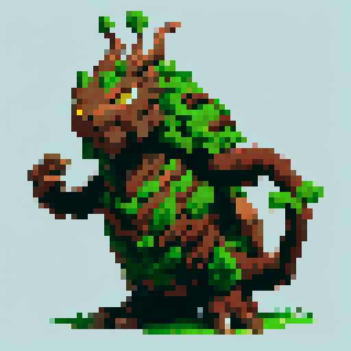 A robust, tree-like creature with bark armor, deep roots, and a protective stance. It has wise, ancient eyes and a commanding presence, ready to defend the forest. No background.

