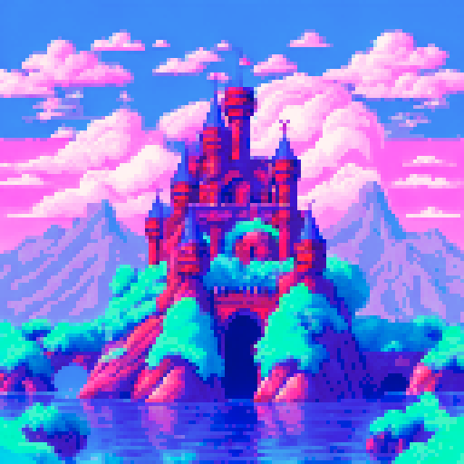 Front of medieval castle with a big closed gate. The castle is on an island.