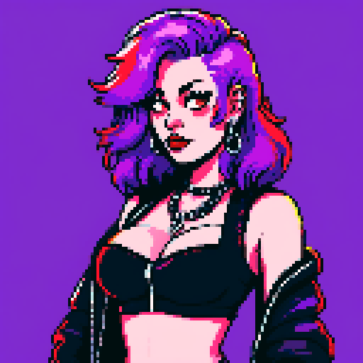 busty greaser goth girl, with long purple hair, eyeliner, red lipstick. wearing bikini, studded collar. Posing for a whole head portrait, avatar photo. vibrant sRGB colors, pixel art, edgy aesthetic