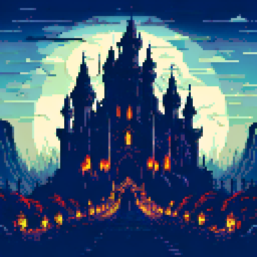 jrpg character, pixelated Super Nintendo style, ps2 horror game, Victorian interior background, continuous eerie atmosphere, dark and gloomy, flickering candlelight, gothic architecture, hauntingly beautiful, pixel art landscape