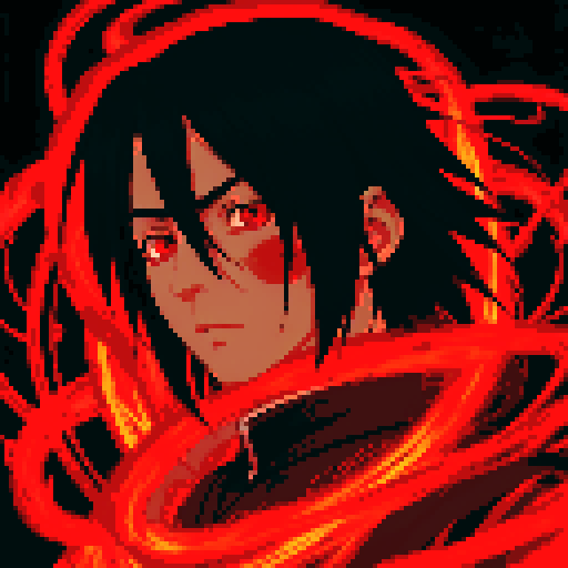 Itachi's mesmerizing, crimson Uchiha eyes radiating an intense red glow, surrounded by a mysterious black aura, evoke the enchanting visuals of a fantastical RPG character