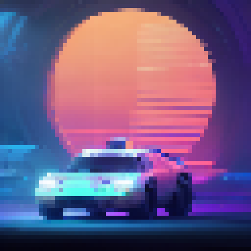 "Create a vibrant, retro-inspired pixel art car design with a sleek, aerodynamic body, bold racing stripes, and glowing neon accents against a futuristic, neon-lit cityscape backdrop."
