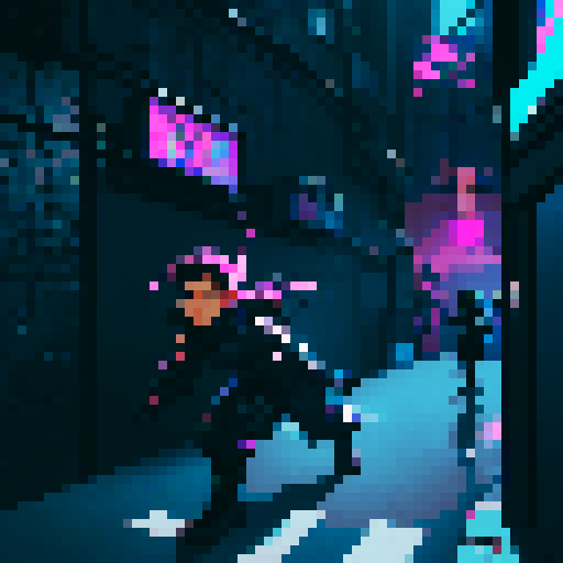 pixelated rogue, mysterious silhouette, vibrant colors, glowing eyes, stealthy movements, dark alley, neon lights, urban landscape, graffiti-covered walls, dramatic shadows, edgy outfit, dynamic poses, rooftop chase, adrenaline rush, hidden daggers, thrilling action, retro gaming vibes, 8-bit aesthetic, pixelated explosions, intense battle, pixel art masterpiece