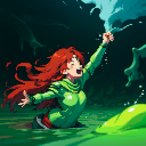 hero sinking into slime, hero drowning in slime, hero has red hair, hero has silver armor, reaching up, panic, sinking deep into slime