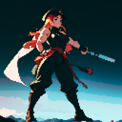 full-body image, muscle girl, female, thick biceps, big shoulders, big fists, muscular physique, thick waist, facing left, ready to fight, exaggerated proportions, black military uniform, black hat, military backdrop, sRGB, pixel art