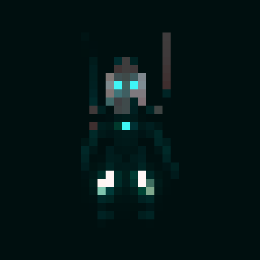 futuristic humanoid combat drone, metallic, pixelated, sleek, powerful, glowing eyes, sharp edges