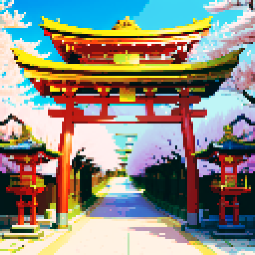 shiny silver shinto shrine, vibrant cherry blossom trees, traditional architecture with intricate details, shinto torii gate adorned with shiny silver decorations, a pixel art shiny silver box positioned behind the gate, shiny silver lanterns illuminating the scene in sRGB colors