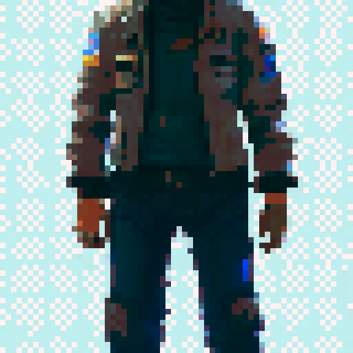 pixel character front view, 45 years old man with black and grey hair, blue jeans and brown jacket 
