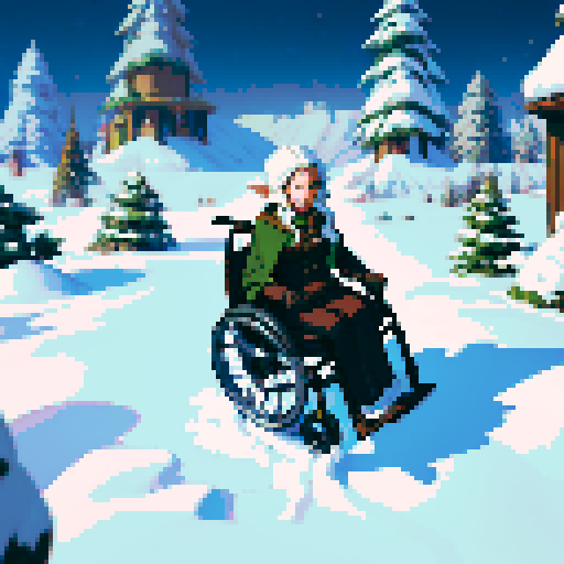 Winter, a pixel art sRGB image featuring a wheelchair-bound elf casting magical spells