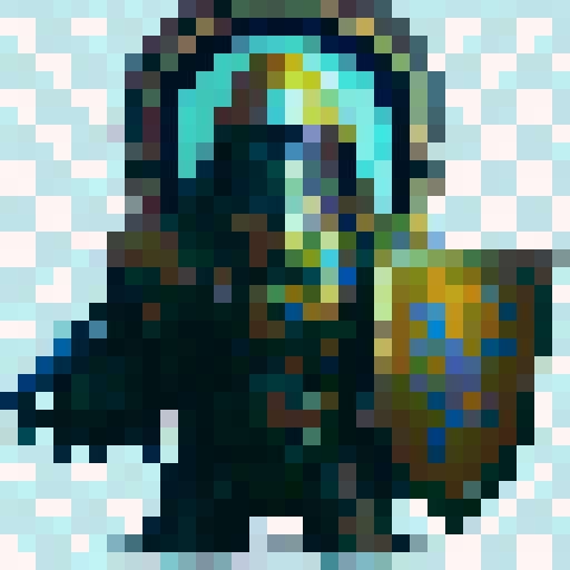 dark souls-like knight, brown-haired, no helmet, wielding a sword and shield, shield embossed with a golden "V", fantasy RPG