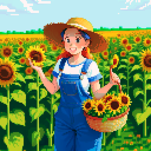 happy, female farmer in pixel art style, surrounded by vibrant green fields, wearing worn-out denim overalls and a straw hat, holding a basket full of freshly harvested carrots and a bouquet of sunflowers, with a content smile on his face, standing next to a rustic wooden cart filled with colorful fruits and vegetables