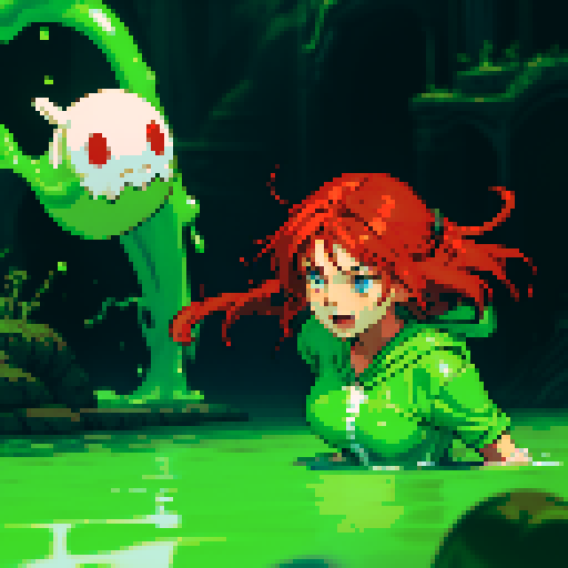 hero sinking into slime, hero drowning in slime, hero has red hair
