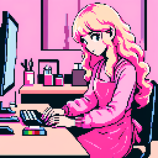 girl with long, wavy, blonde hair, pink apron, sitting at desk, doing girl's nails, nail salon, pixel art, sRGB