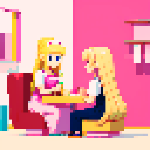 A nail tech with long blonde hair wearing a pink apron and a girl with brown hair sitting and facing each other in a nail salon. 