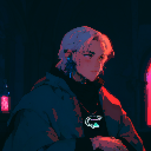 Priest, stained glass windows, vibrant colors, ornate robes, pixelated halos, illuminated Bible, candlelit altar, mosaic patterns, religious symbols, low resolution, retro aesthetic