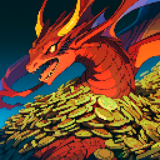 fire dragon with shimmering red scales, hoard of gold coins glimmering in the background, dragon leisurely lounging on top of a massive pile of gold coins, dragon's majestic form taking up the full canvas with intricate pixel art details in a vibrant sRGB color palette, cavern backdrop, cavern background