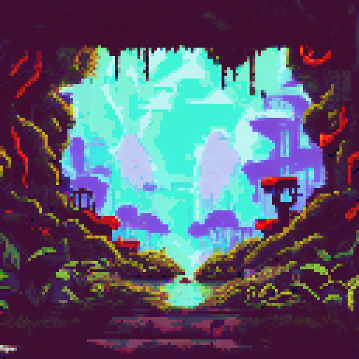 post-apocalyptic scene hidden in the woods, abandoned machinery, rusted pipes, overgrown vines, decaying buildings, shattered windows, eerie silence, nature reclaiming, vibrant pixelated colors, sRGB palette, atmospheric landscape
