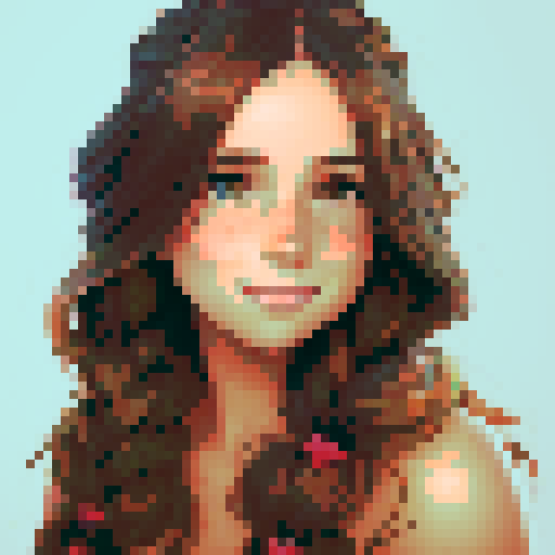 stardew valley-inspired, woman, pixel art, sRGB, vibrant colors, rustic backdrop, braided hair, glowing skin, gentle smile, freckles, rosy cheeks