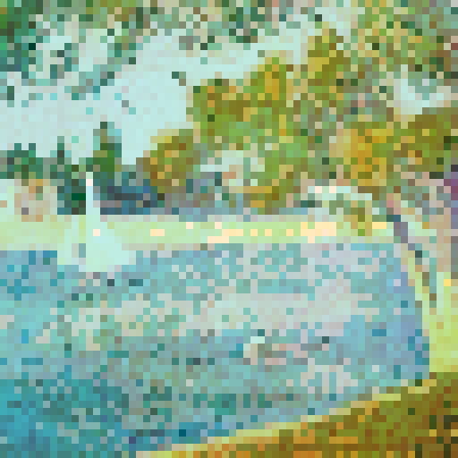 Mimic Georges Seurat’s pointillist technique by translating the details of the image into small, evenly spaced pixels with soft, blended colors. Focus on subtle, muted tones to evoke Seurat’s impressionist style, creating a calm and serene atmosphere. Ensure that the pixelated image reflects the original composition but maintains the abstract, dotted feel of pointillism, while avoiding vivid or harsh colors, opting instead for smooth, harmonious transitions between shades.