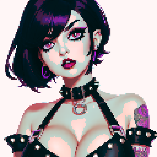curvy, cute busty goth woman's face, whole head portrait, black hair, purple eyeshadow, red lipstick, low cut black studded leather halter top, studded collar, vibrant sRGB colors, edgy aesthetic. 