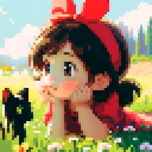 little cute girl lies on the grass and looks at the kitten