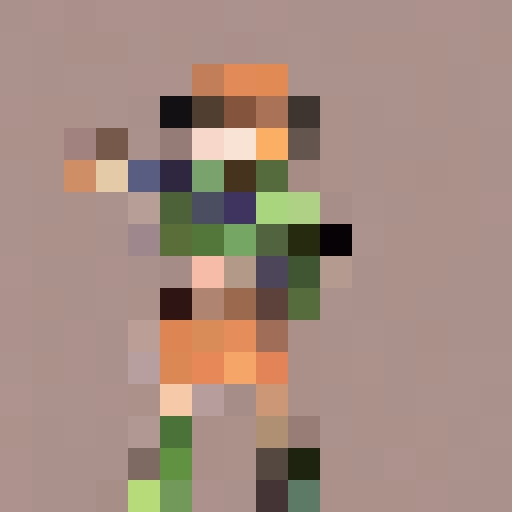 girl, long-sleeved hoodie in blue and purple, black pants, glasses, blue eyes, smiling, messy medium green hair, hand on hip, dark-skinned, game icon, 16x16, pixel art, close up, portrait