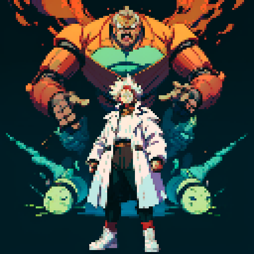 fat mad scientist, full-body image, facing right, ready to fight, big robot